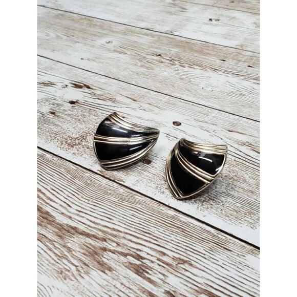 Vintage Clip On Earrings - Silver Tone & Black Retro - Picture 6 of 9